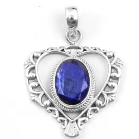 Faceted Blue Sapphire Oval Shape Gemstone Heart 925 Sterling Silver Pendant,Handmade Designer Jewelry, For Her