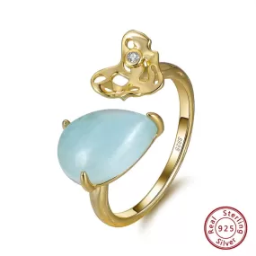 Pear Shape Aquamarine Heart 925 Sterling Silver Adjustable Ring