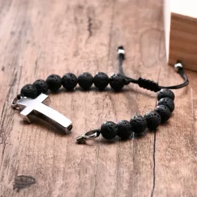 WWJD Simple Cross 8MM Black Volcanic Rock Stone Beads Bracelet